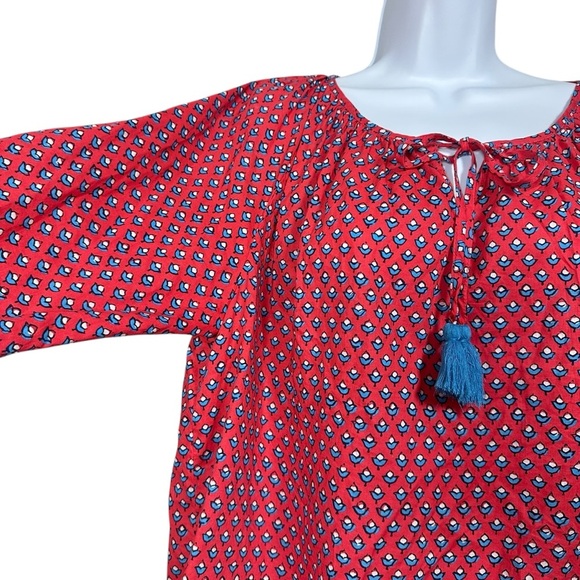 J. Crew Factory Womens Medium Red Floral Tassel Peasant Cotton Raglan Blouse - Picture 4 of 8